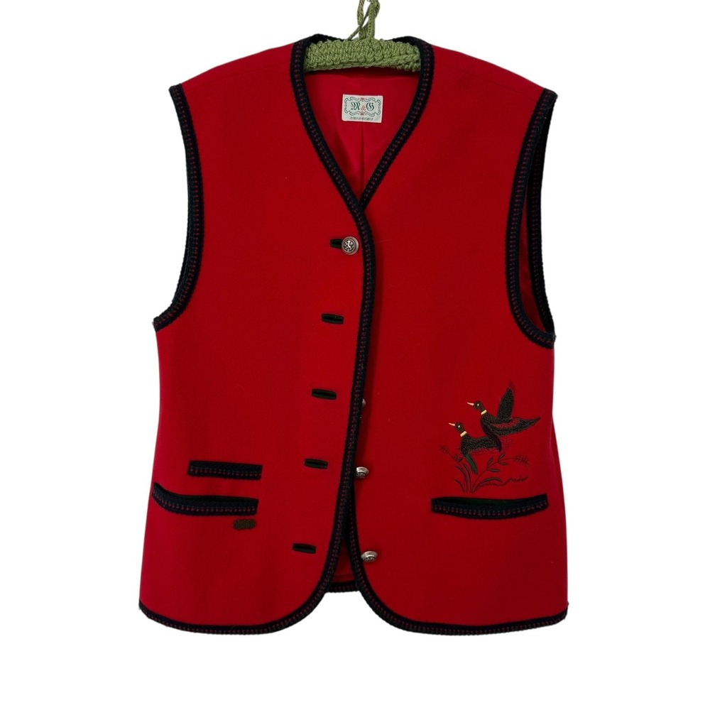 M & G Vest Womens 10 Red Wool Cashmere Embroidered Ducks‎ Button Front Hunting